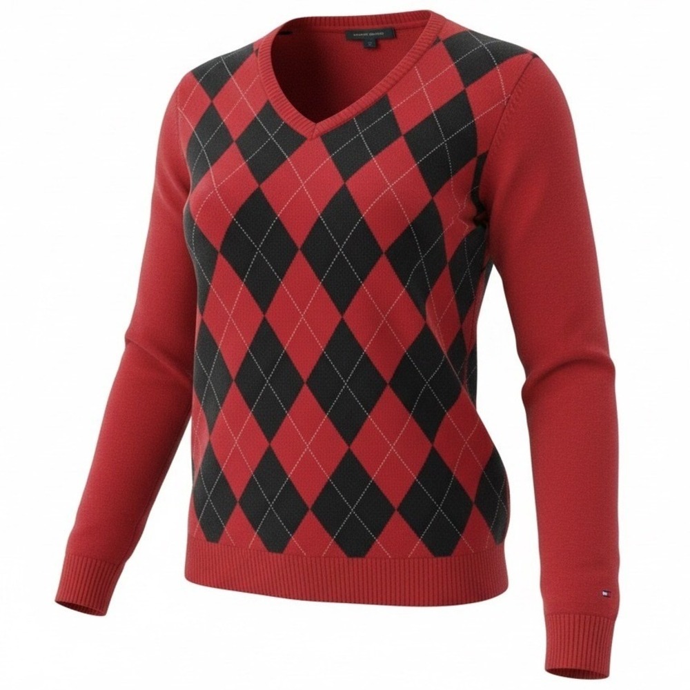 Tommy Hilfiger VTG Sweater Womens M Red Argyle V-Neck Metallic‎ Knit Pullover